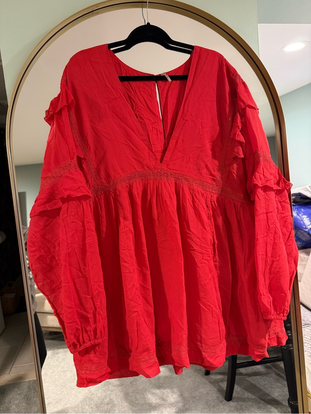 Free People Bright Red V-Neck Ruffled Long Sleeve Romper.